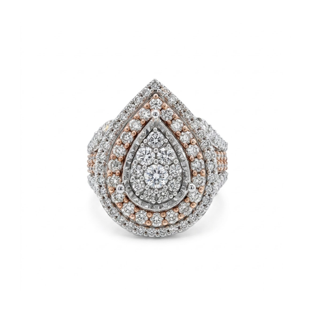 Pear Cluster Diamond Ring | 10K Two-Tone Gold | Round Diamonds | RE-12604FTA78T0 - Brownee Jewelers
