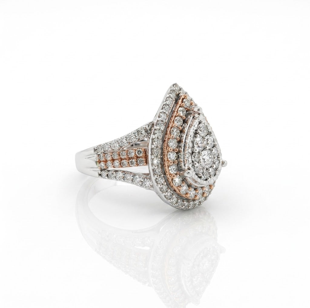 Pear Cluster Diamond Ring | 10K Two-Tone Gold | Round Diamonds | RE-12604FTA78T0 - Brownee Jewelers