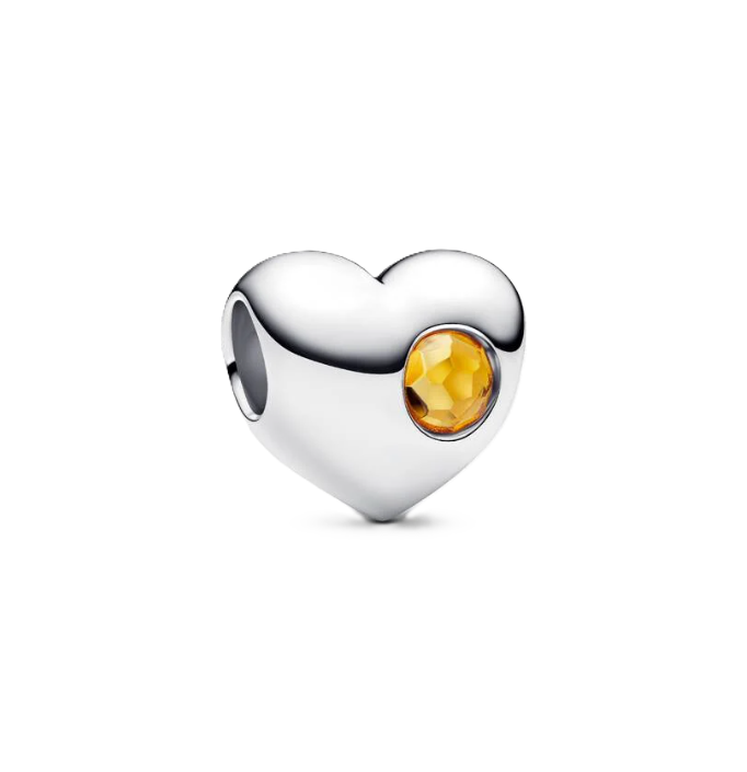 Pandora November Birthstone Heart Charm in Sterling Silver with a Honey Yellow Man-Made Crystal