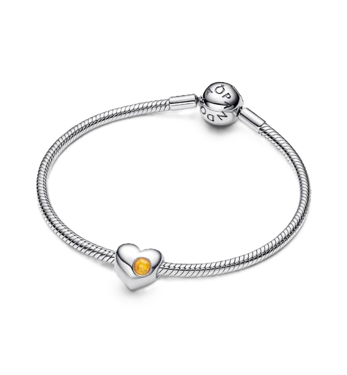 Pandora November Birthstone Heart Charm in Sterling Silver with a Honey Yellow Man-Made Crystal