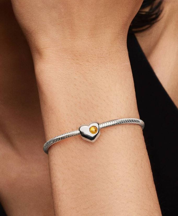 Pandora November Birthstone Heart Charm in Sterling Silver with a Honey Yellow Man-Made Crystal