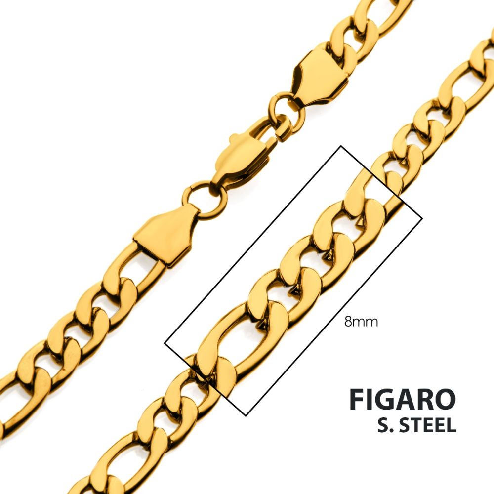 8mm 18Kt Gold IP Figaro Chain Necklace 24"