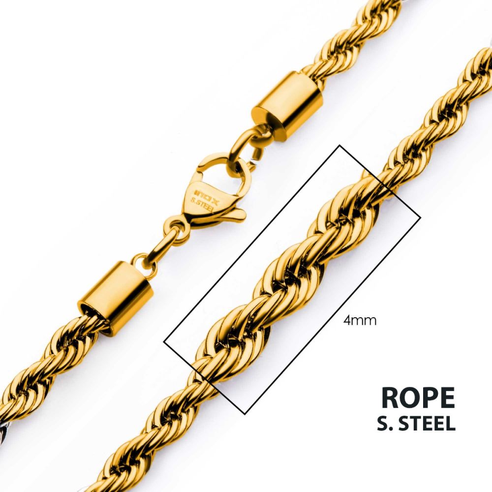 4mm 18Kt Gold IP Rope Chain Necklace 22"
