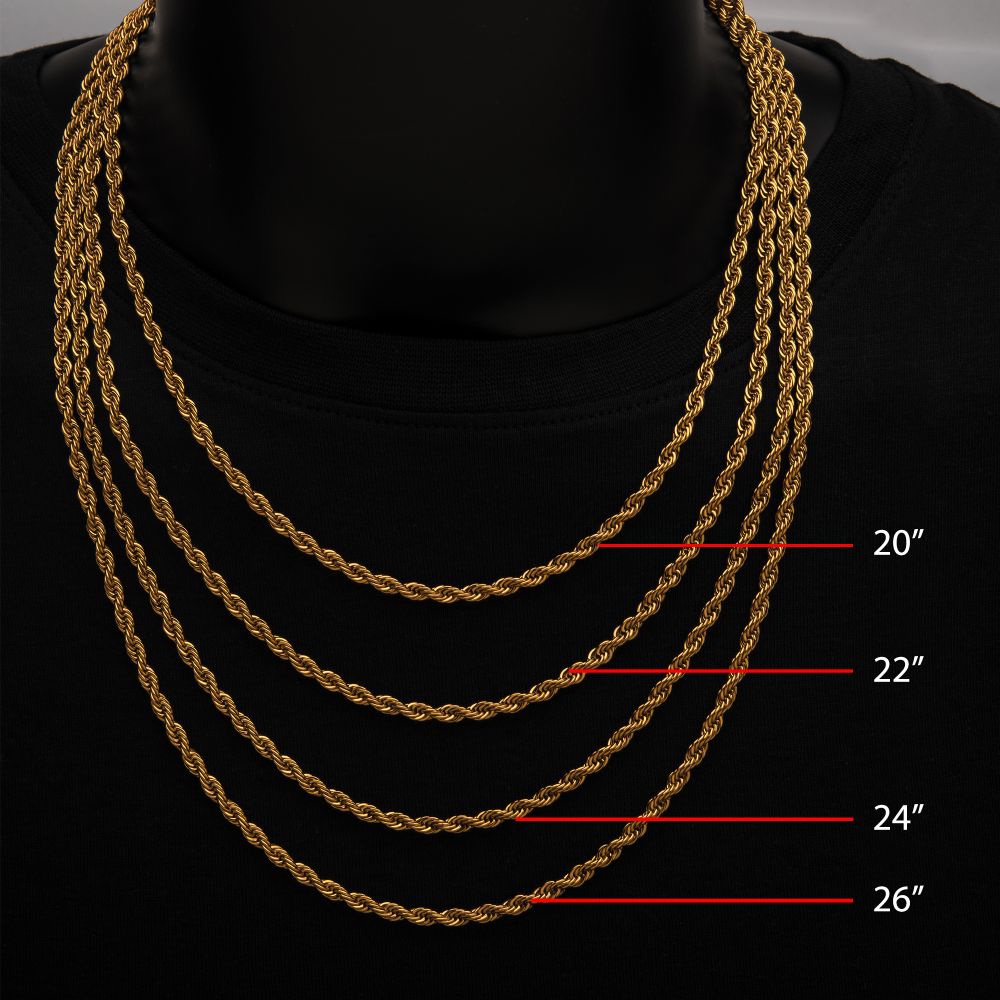 4mm 18Kt Gold IP Rope Chain Necklace 22"