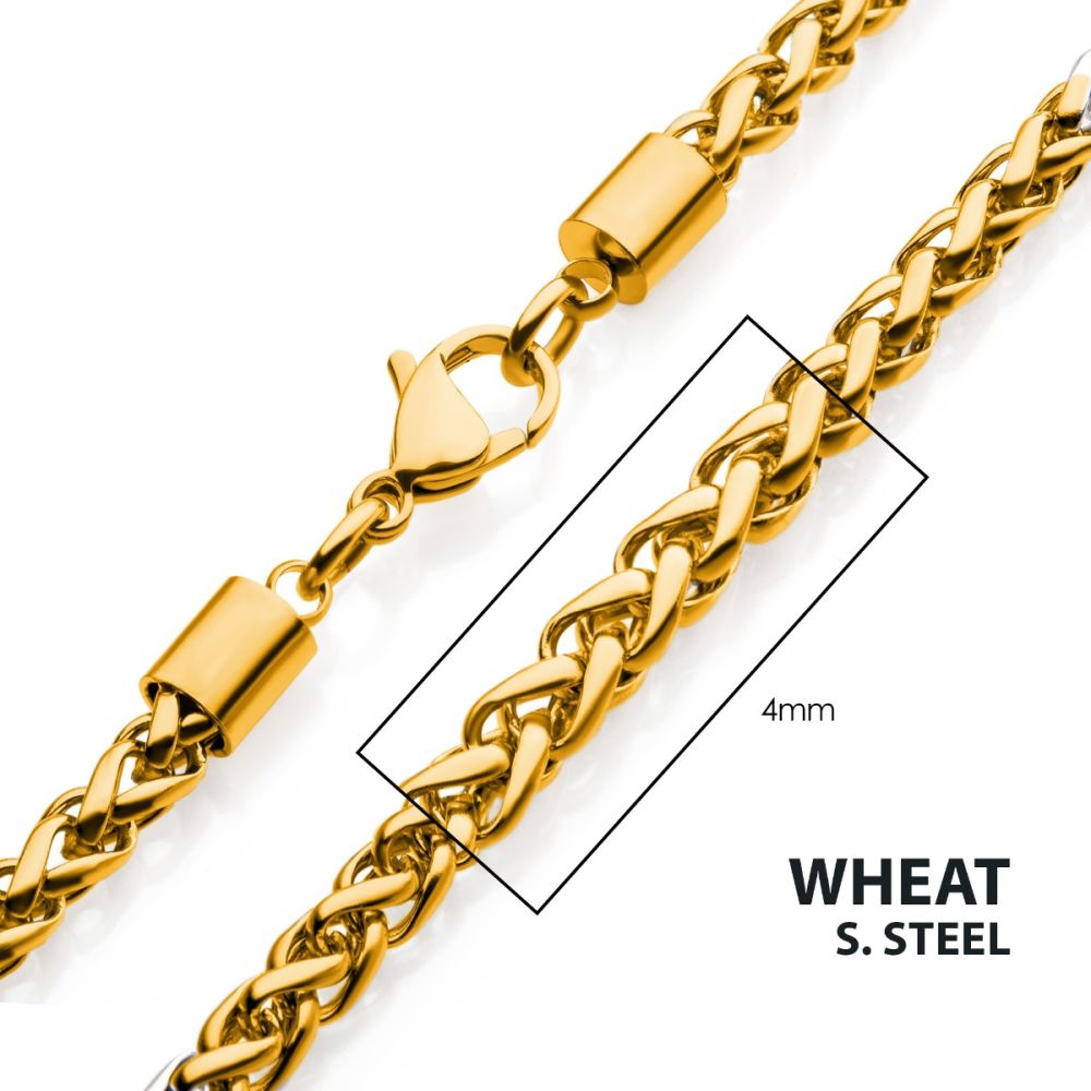 4mm 18Kt Gold IP Wheat Chain Necklace 22"