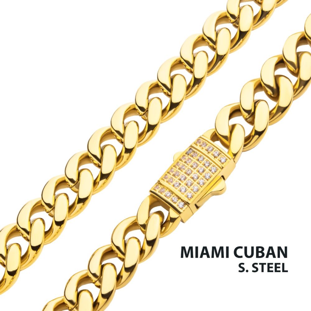 8mm 18Kt Gold IP Miami Cuban Chain Necklace with CNC Precision Set CZ Double Tab Box Clasp