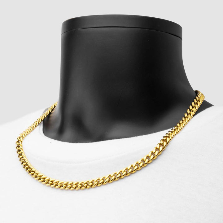 8mm 18Kt Gold IP Miami Cuban Chain Necklace with CNC Precision Set CZ Double Tab Box Clasp