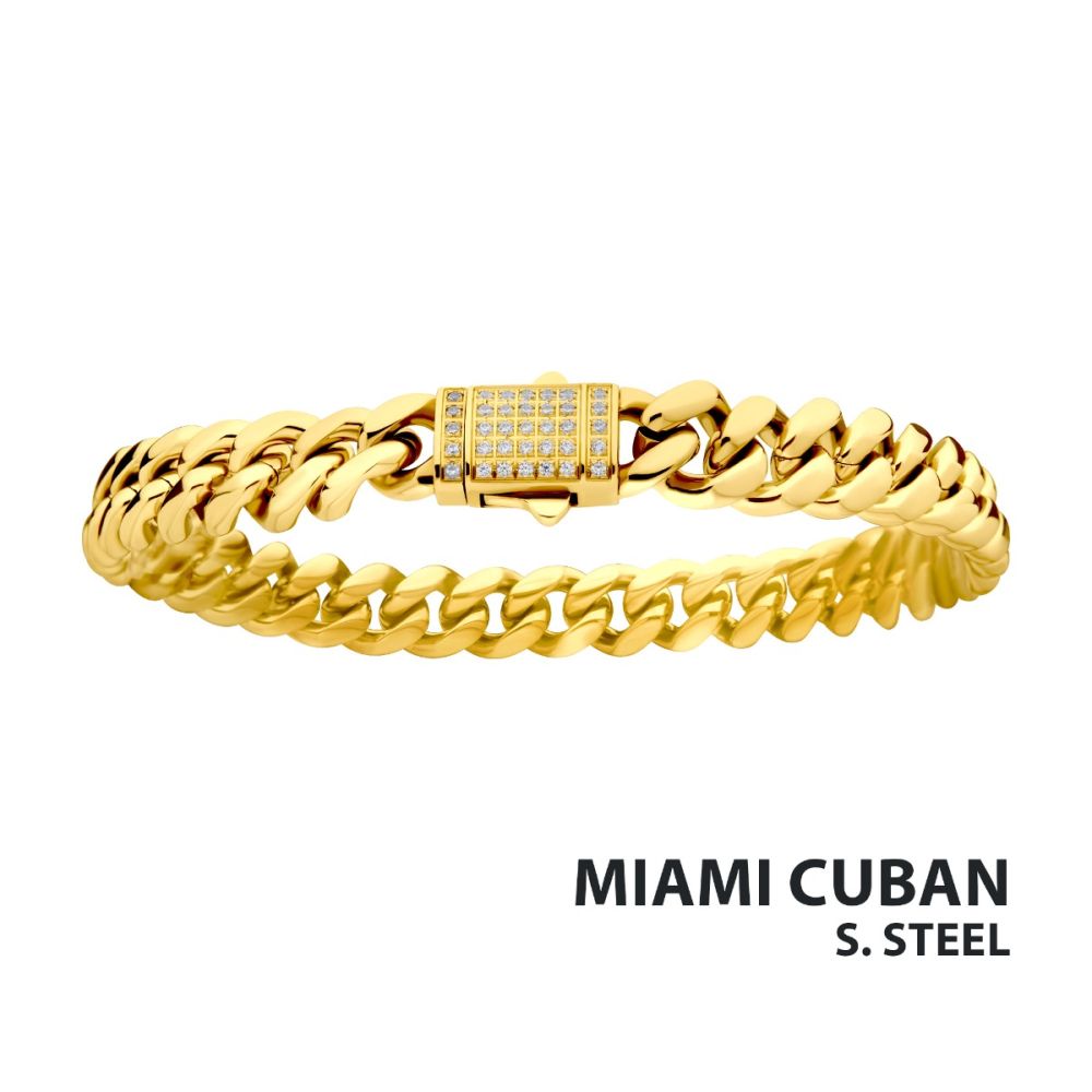 8mm 18Kt Gold IP Miami Cuban Chain Bracelet with CNC Precision Set CZ Double Tab Box Clasp