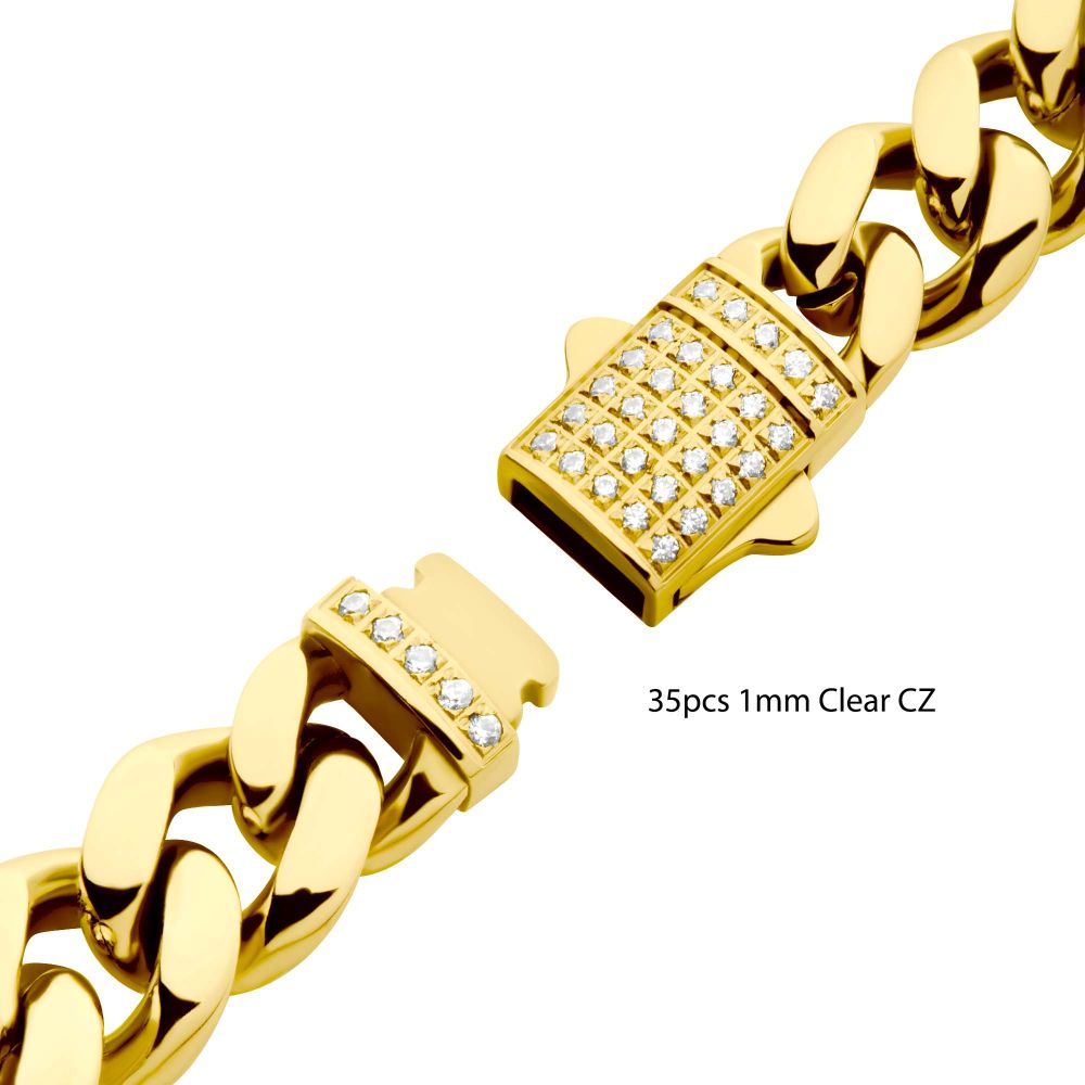 8mm 18Kt Gold IP Miami Cuban Chain Bracelet with CNC Precision Set CZ Double Tab Box Clasp