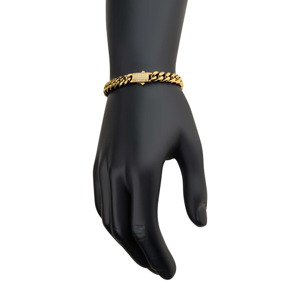8mm 18Kt Gold IP Miami Cuban Chain Bracelet with CNC Precision Set CZ Double Tab Box Clasp