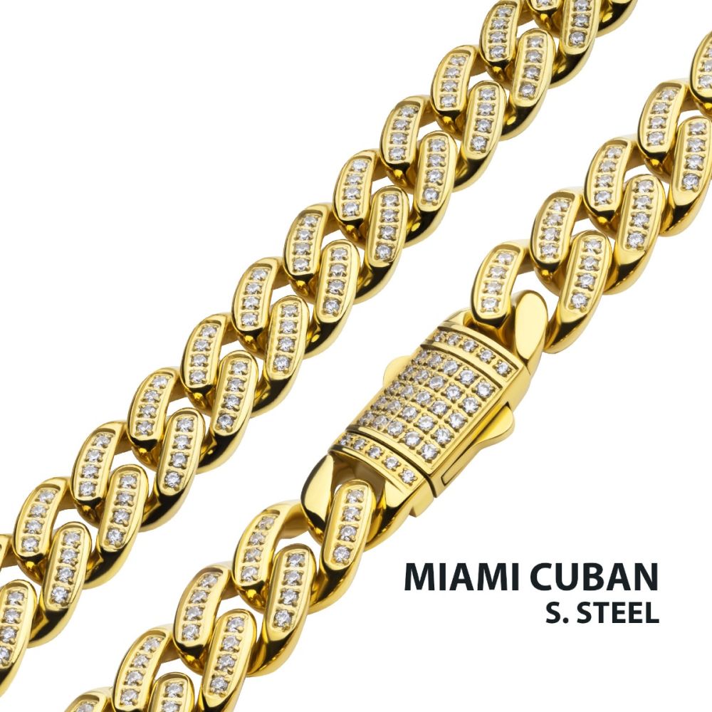 2mm 18Kt Gold IP Miami Cuban Chain Necklace with CNC Precision Set Full Clear Cubic Zirconia Double Tab Box Clasp 22"