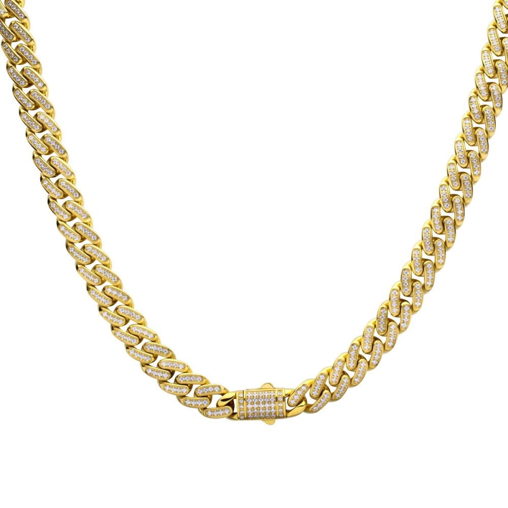 2mm 18Kt Gold IP Miami Cuban Chain Necklace with CNC Precision Set Full Clear Cubic Zirconia Double Tab Box Clasp 22"