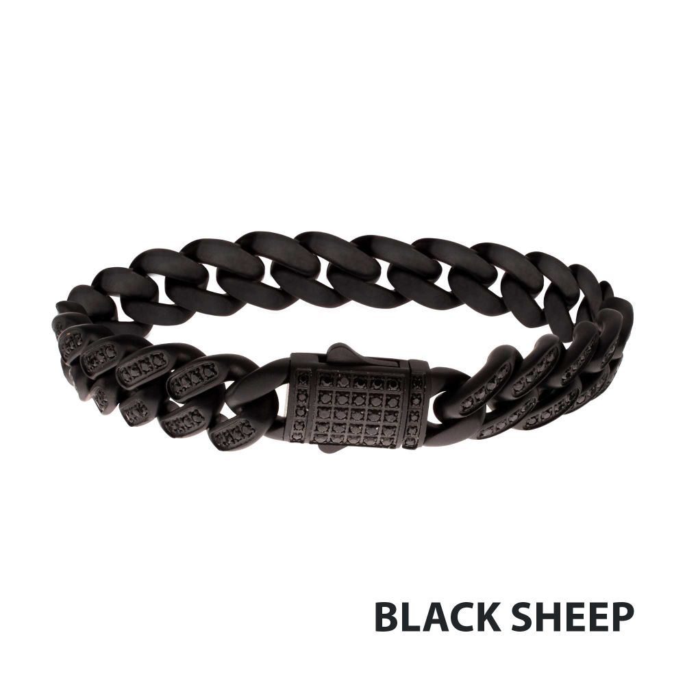 12mm Matte Black Curb Chain Bracelet with CNC-set Black Spinel Stones