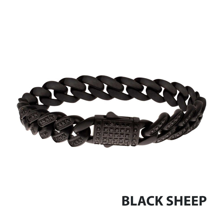 12mm Matte Black Curb Chain Bracelet with CNC-set Black Spinel Stones