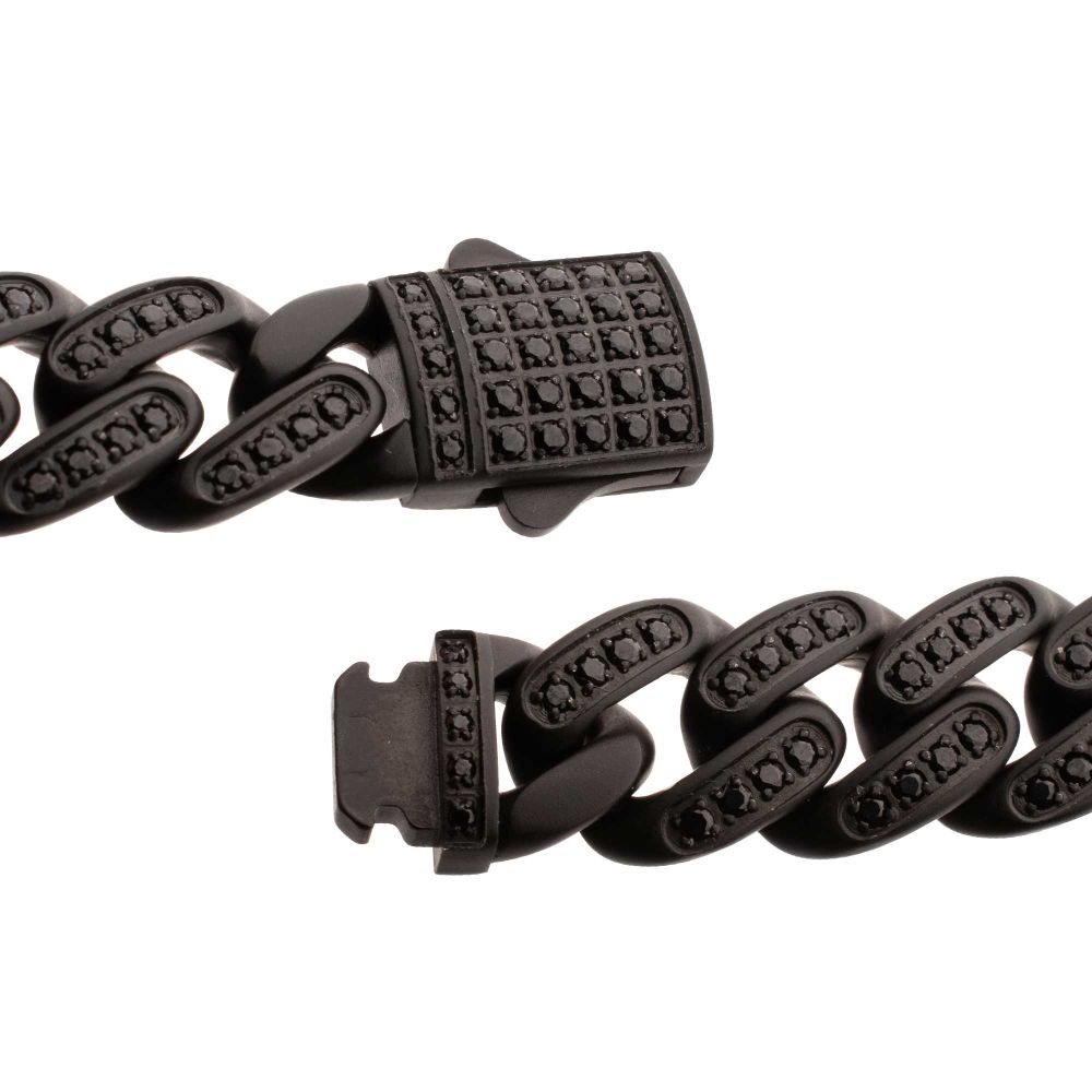 12mm Matte Black Curb Chain Bracelet with CNC-set Black Spinel Stones