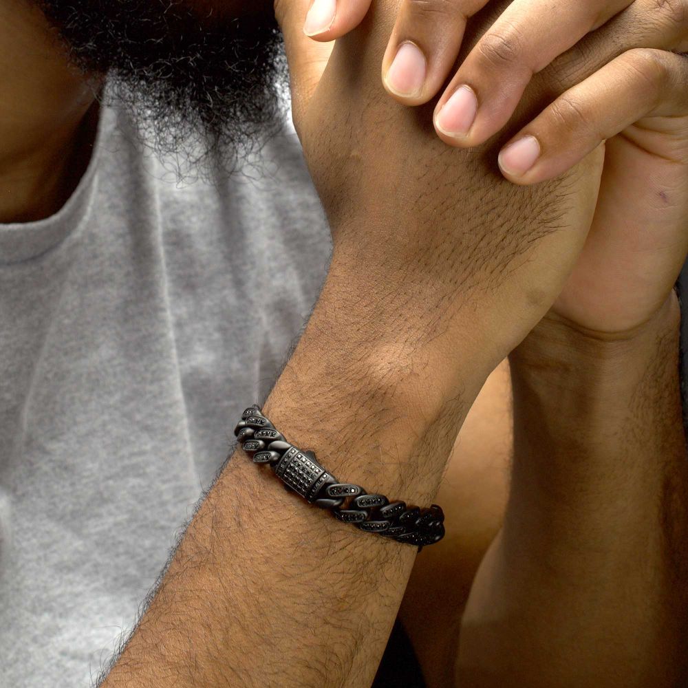 12mm Matte Black Curb Chain Bracelet with CNC-set Black Spinel Stones
