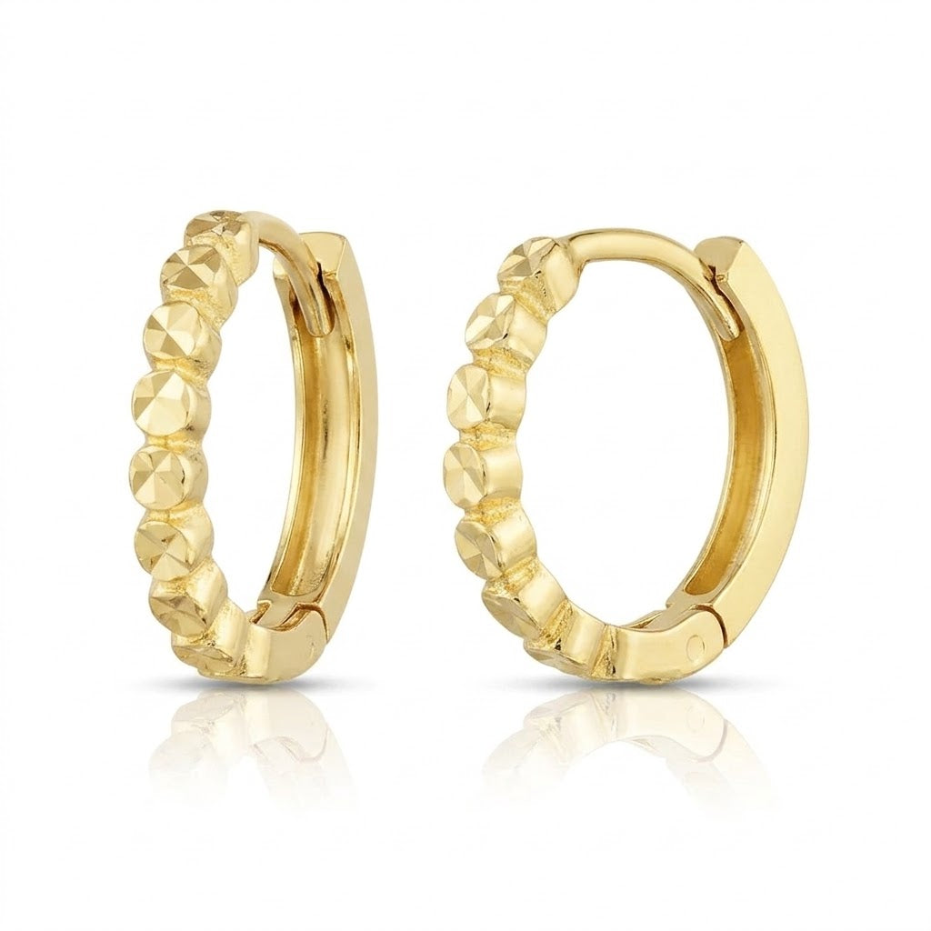 Textured Diamond-Cut Huggie Hoop Earrings in 14K Yellow Gold with Snap Closure