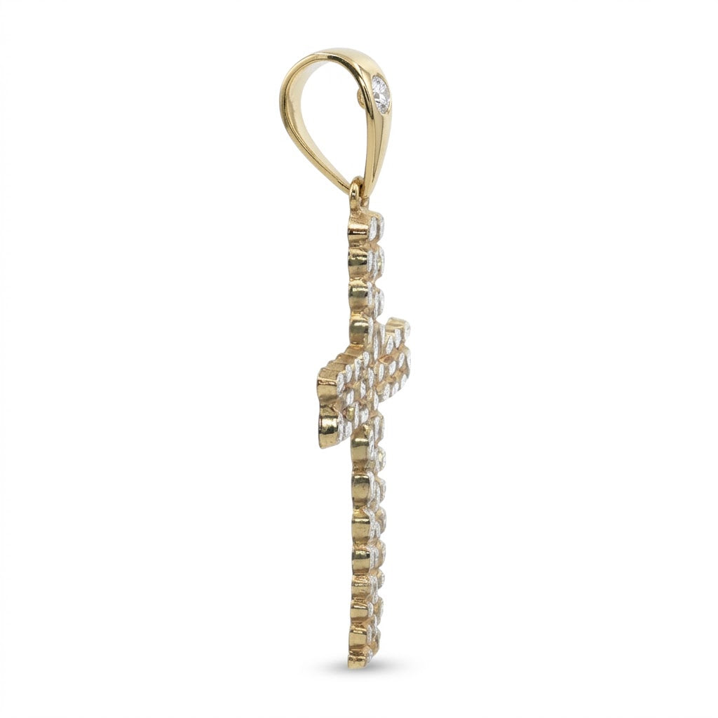 Cubic Zirconia Bail with Nugget Textured Cross Pendant in 10kt Yellow and White Gold