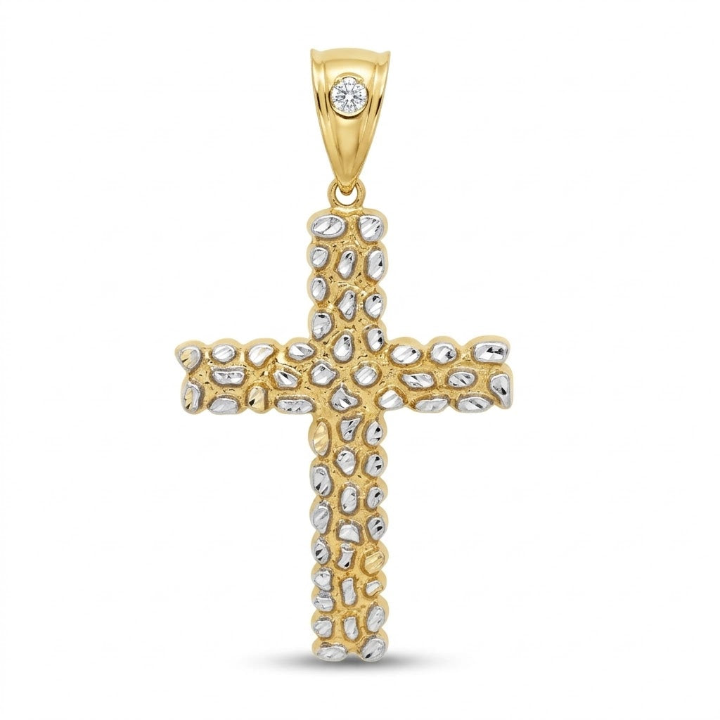 Cubic Zirconia Bail with Nugget Textured Cross Pendant in 10kt Yellow and White Gold