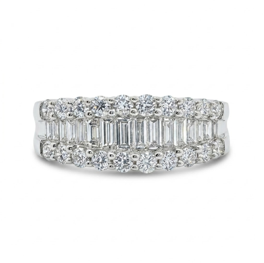Round & Baguette Diamond Band | 14K White Gold | Multi-Row Halo Design | Diamond Fashion Ring - Brownee Jewelers