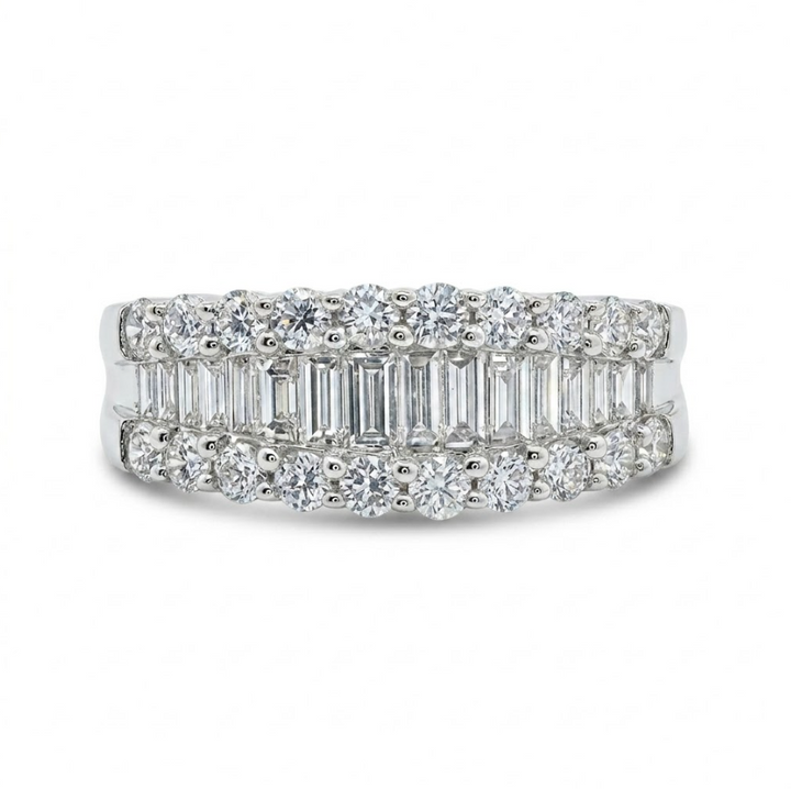 Round & Baguette Diamond Band | 14K White Gold | Multi-Row Halo Design | Diamond Fashion Ring - Brownee Jewelers