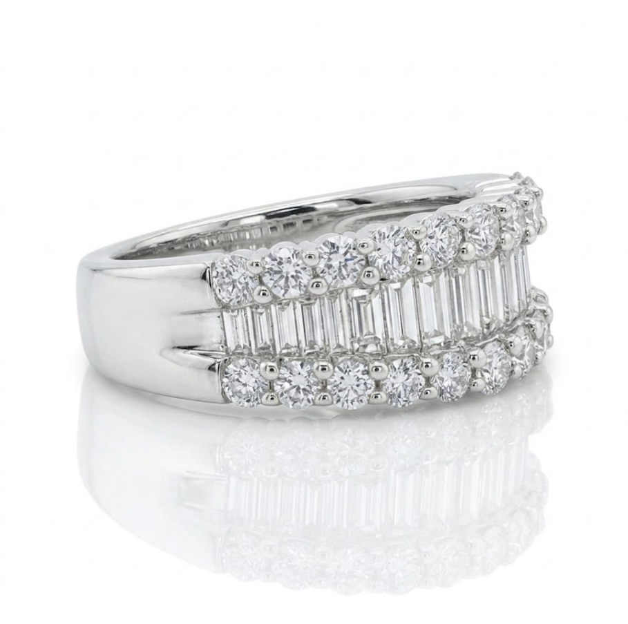 Round & Baguette Diamond Band | 14K White Gold | Multi-Row Halo Design | Diamond Fashion Ring - Brownee Jewelers
