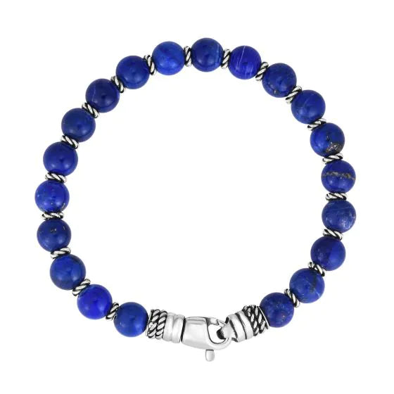 Lapis Bead Bracelet | Sterling Silver | Men's Bracelet | 7.5mm Lapis Beads | Polished Finish | 8.25 Inches | Lobster Clasp - Brownee Jewelers