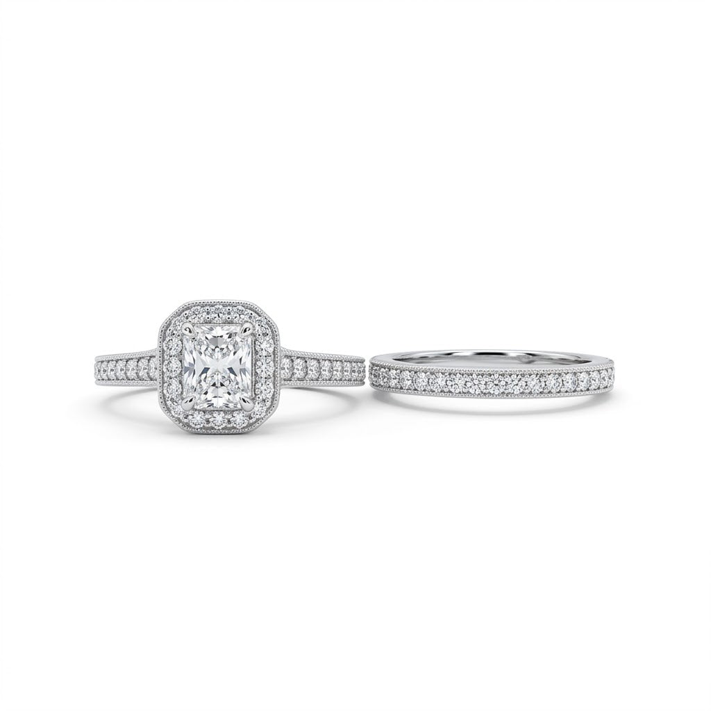Radiant-Cut Diamond Halo Bridal Set | 14K White Gold | 0.74 CT Center Diamond | Vintage-Inspired Pavé Design - Brownee Jewelers
