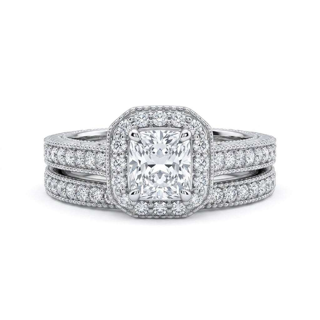 Radiant-Cut Diamond Halo Bridal Set | 14K White Gold | 0.74 CT Center Diamond | Vintage-Inspired Pavé Design - Brownee Jewelers