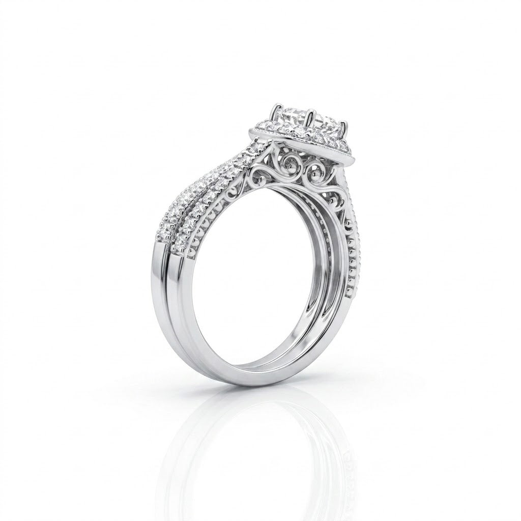 Radiant-Cut Diamond Halo Bridal Set | 14K White Gold | 0.74 CT Center Diamond | Vintage-Inspired Pavé Design - Brownee Jewelers