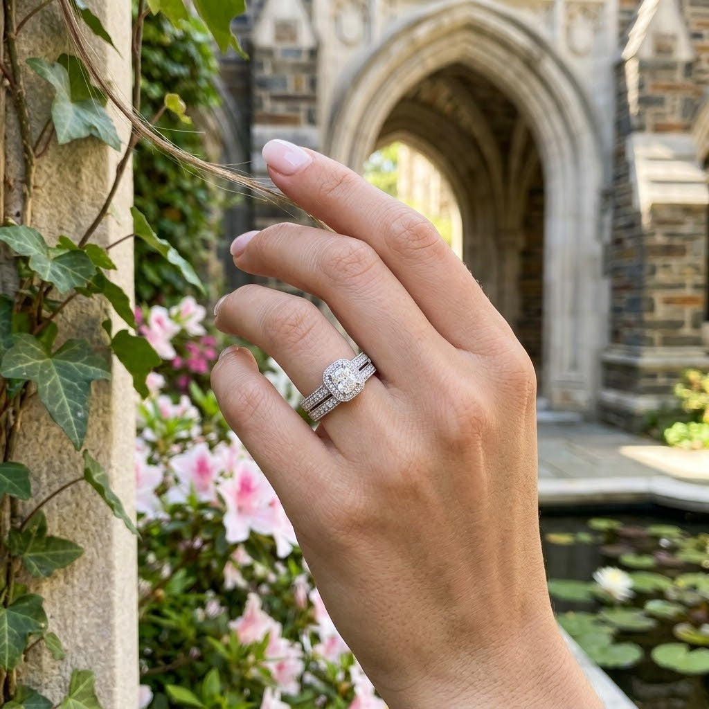Radiant-Cut Diamond Halo Bridal Set | 14K White Gold | 0.74 CT Center Diamond | Vintage-Inspired Pavé Design - Brownee Jewelers