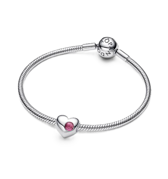 Pandora October Birthstone Heart Charm in Sterling Silver with a Pink Man-Made Crystal