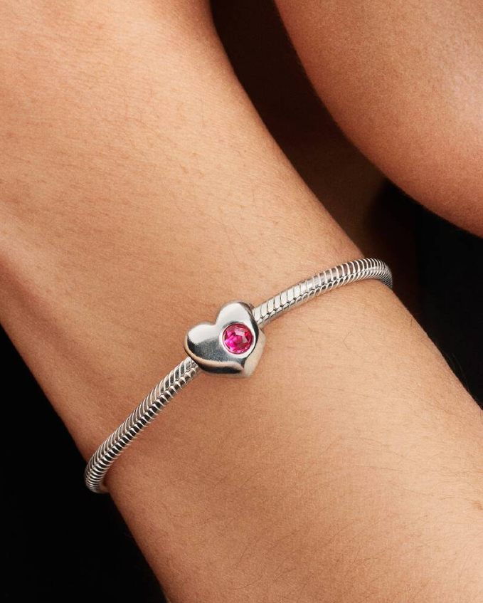 Pandora October Birthstone Heart Charm in Sterling Silver with a Pink Man-Made Crystal