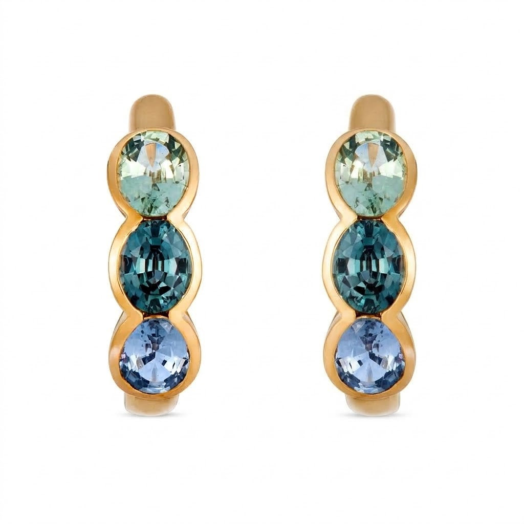 2.10 TOTAL CARAT WEIGHT GREEN AND BLUE SAPPHIRE HUGGIE EARRINGS IN 14K YELLOW GOLD