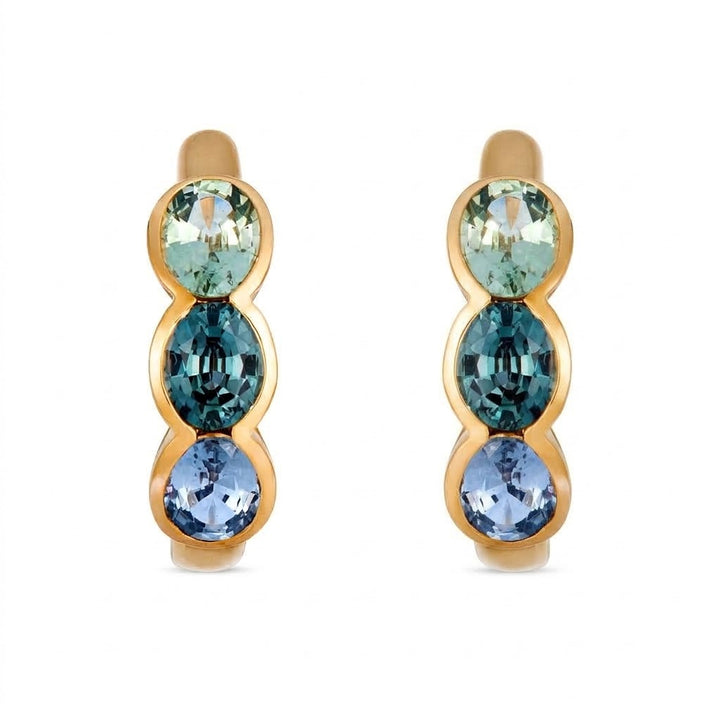 2.10 TOTAL CARAT WEIGHT GREEN AND BLUE SAPPHIRE HUGGIE EARRINGS IN 14K YELLOW GOLD