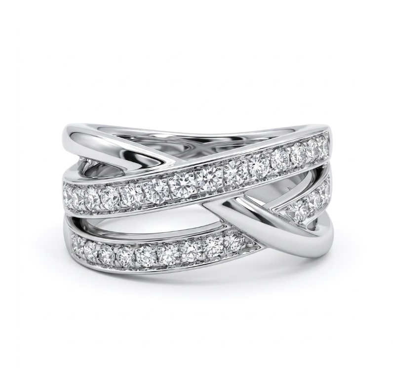 Round Diamond Criss-Cross Ring | 18K White Gold | Multi-Row Pavé Band | Diamond Fashion Ring - Brownee Jewelers