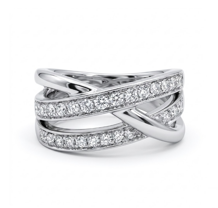 Round Diamond Criss-Cross Ring | 18K White Gold | Multi-Row Pavé Band | Diamond Fashion Ring - Brownee Jewelers