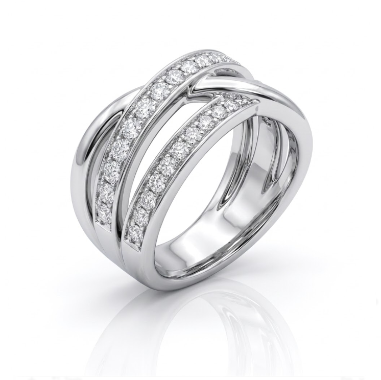 Round Diamond Criss-Cross Ring | 18K White Gold | Multi-Row Pavé Band | Diamond Fashion Ring - Brownee Jewelers