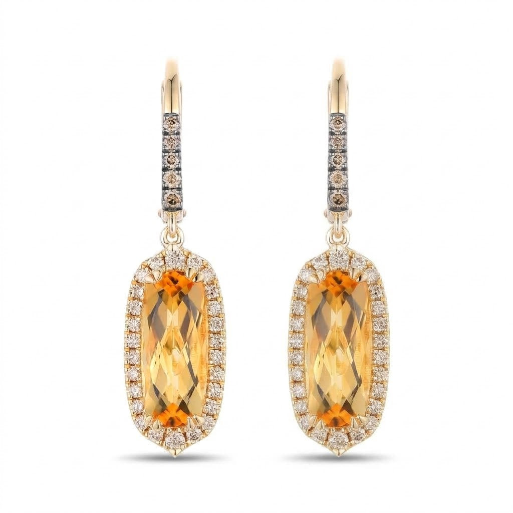 3.10 TOTAL CARAT WEIGHT OVAL CITRINE WITH .44 TOTAL CARAT WEIGHT WHITE AND CHOCOLATE DIAMONDS DROP EARRINGS