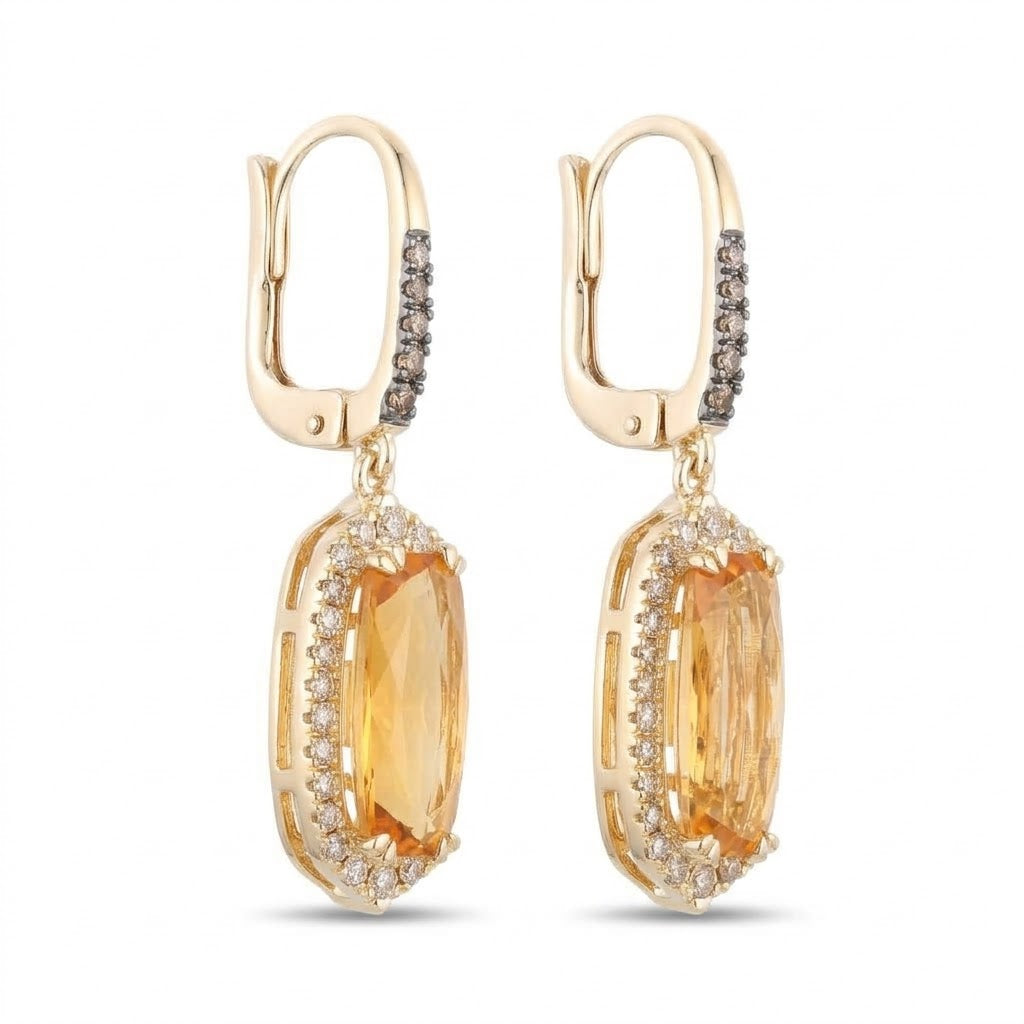 3.10 TOTAL CARAT WEIGHT OVAL CITRINE WITH .44 TOTAL CARAT WEIGHT WHITE AND CHOCOLATE DIAMONDS DROP EARRINGS