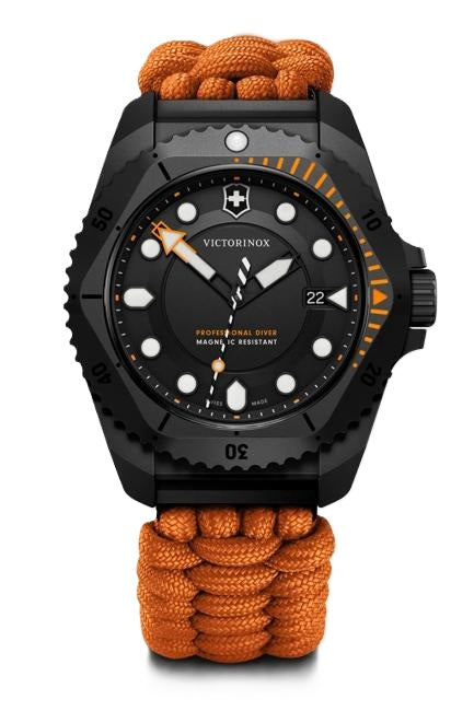 VictorInox Swiss Army Dive Pro Titanium Watch with Black Dial, Orange Paracord Strap, and 43mm Case