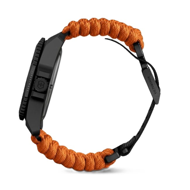 VictorInox Swiss Army Dive Pro Titanium Watch with Black Dial, Orange Paracord Strap, and 43mm Case