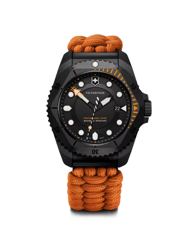 VictorInox Swiss Army | Dive Pro Quartz | Titanium Watch | 43mm | Black Dial | Orange Paracord Strap | 242069.1 - Brownee Jewelers