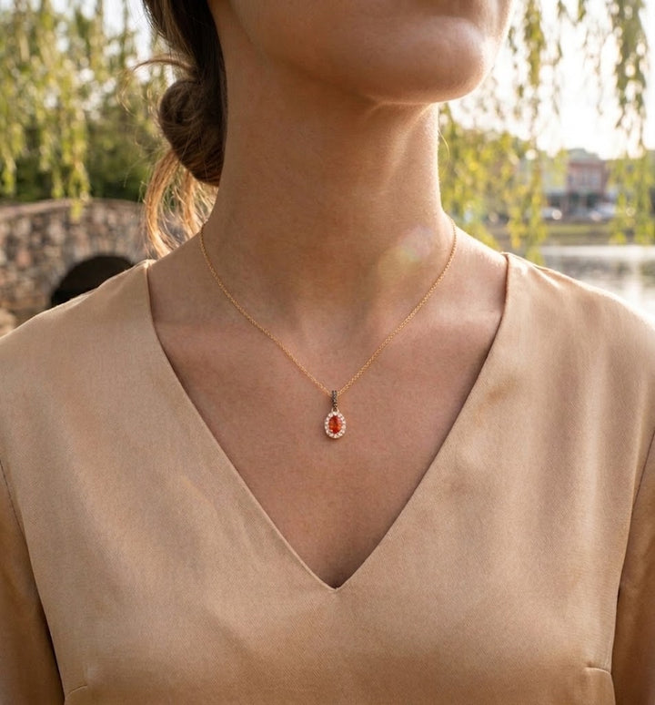 LeVian | Orange Opal & Diamond Halo Pendant | 14K Yellow Gold | 0.20 ct Orange Opal | TTUQ 6 - Brownee Jewelers