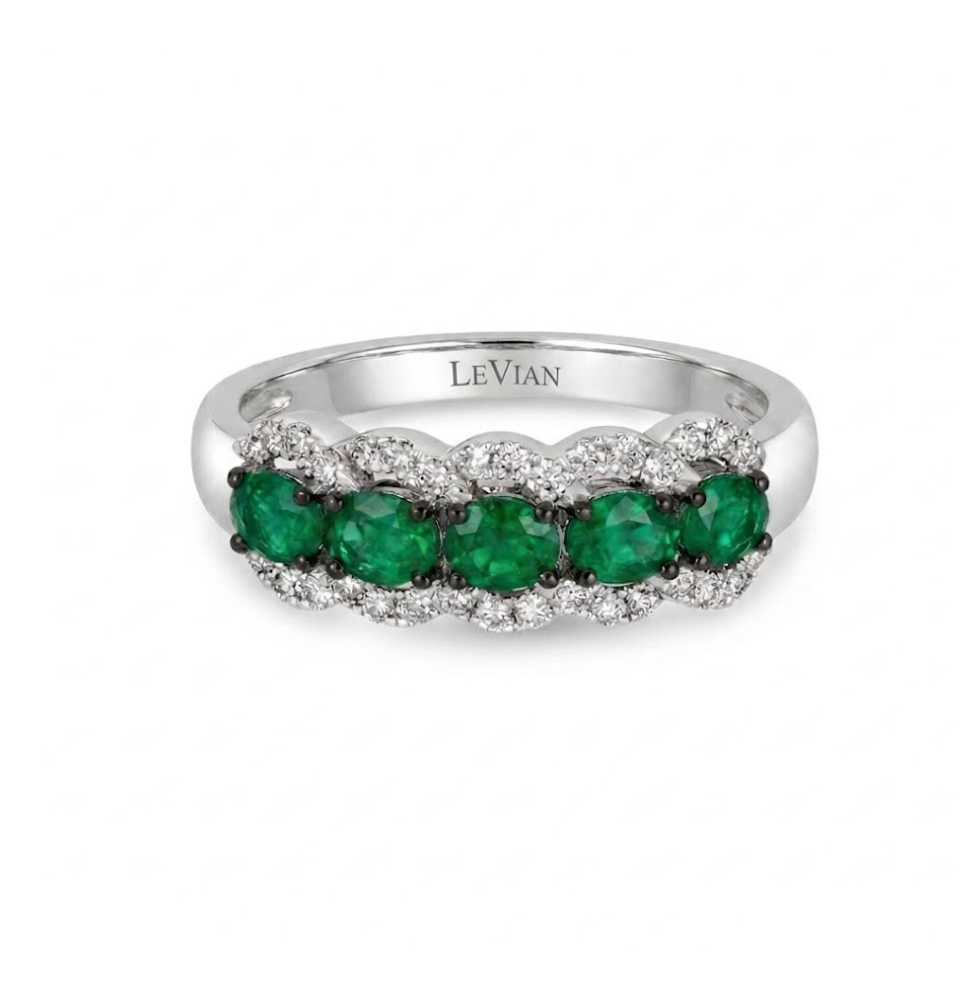 Oval Emerald & Diamond Ring | 14K White Gold | Alternating Gem Band | LAAM 68 - Brownee Jewelers
