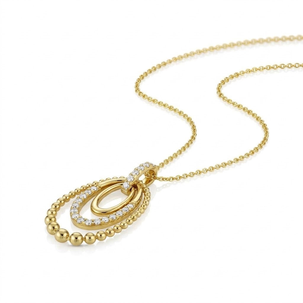 .30 TOTAL CARAT WEIGHT ROUND DIAMOND BEADED 3 OVAL SHAPE PENDANT IN 14K YELLOW GOLD 