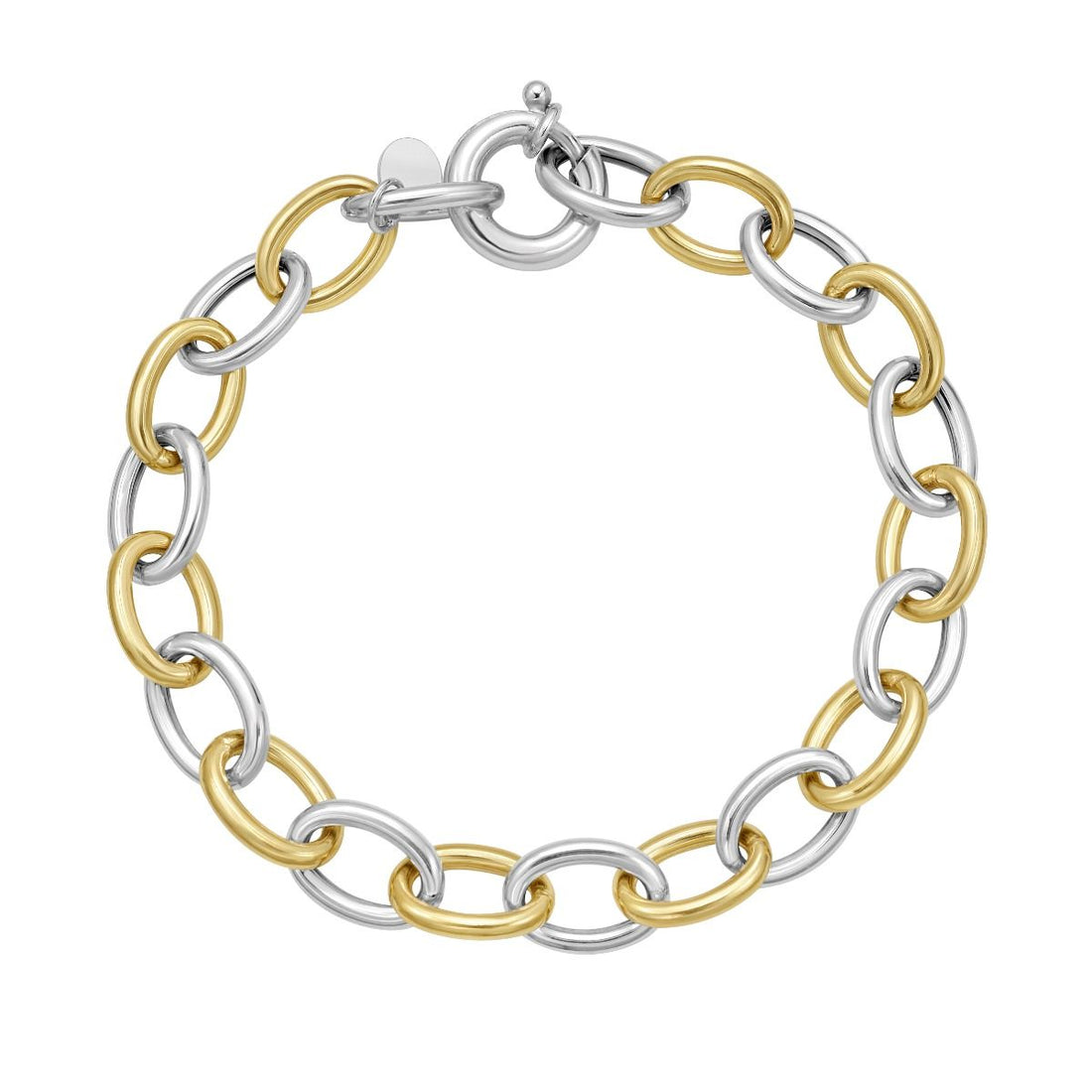 7.75 Inch Sterling Silver and 18K Yellow Gold Italian Oval Cable Link Bracelet with a Giant Spring Ring Clasp