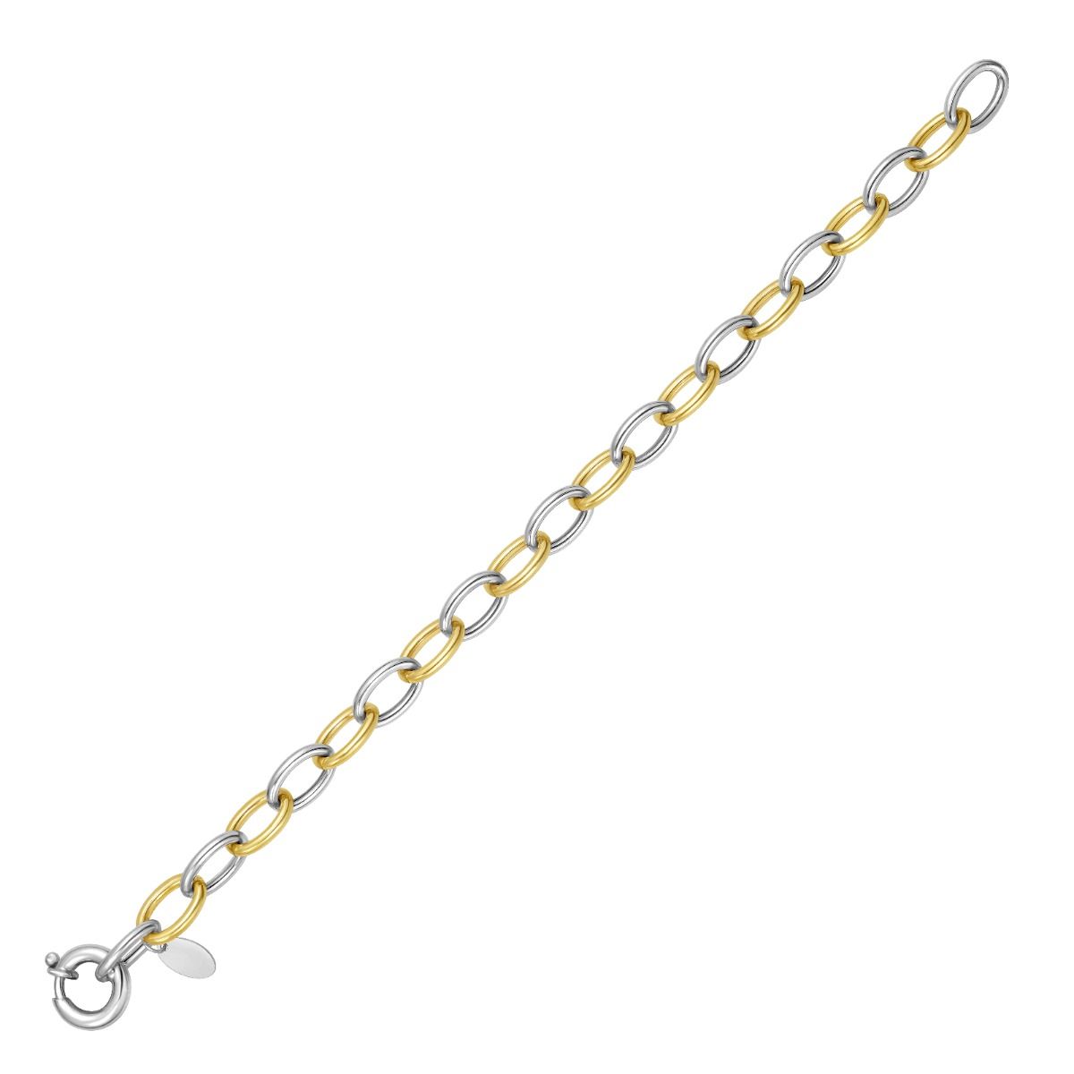 7.75 Inch Sterling Silver and 18K Yellow Gold Italian Oval Cable Link Bracelet with a Giant Spring Ring Clasp