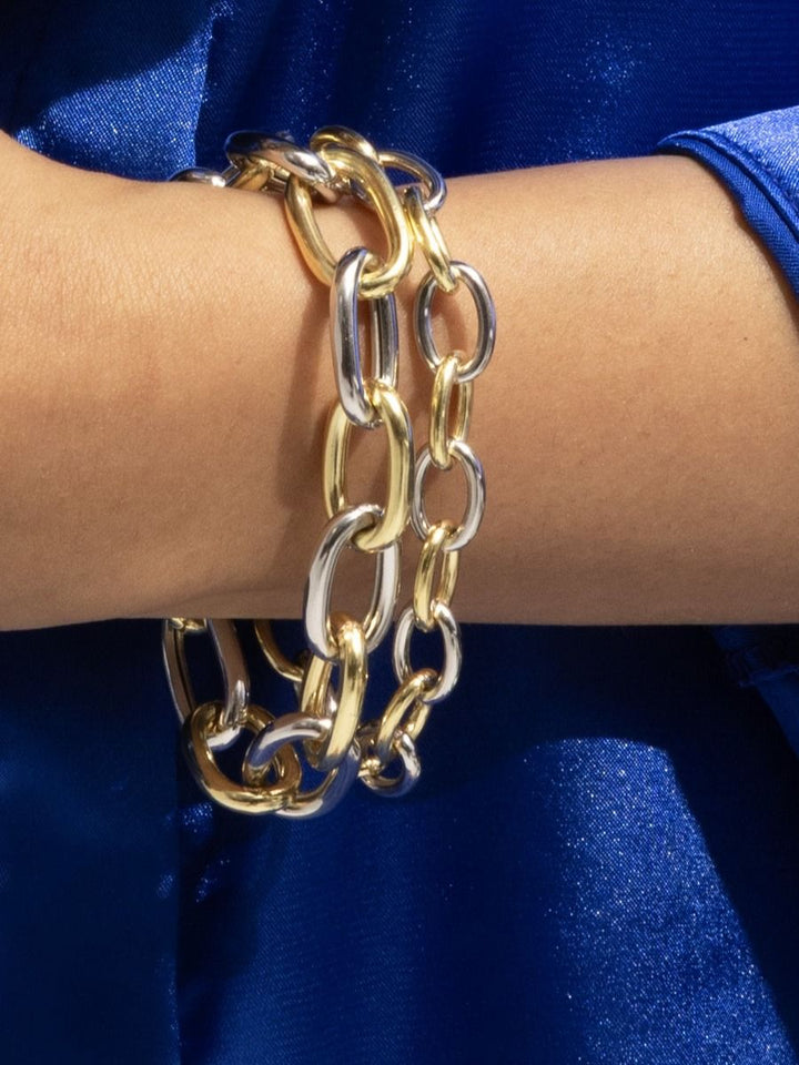 Italian Oval Cable Link Bracelet | Sterling Silver & 18K Yellow Gold | 7.75 Inch | Giant Spring Ring Clasp | SILC20316-0775 - Brownee Jewelers