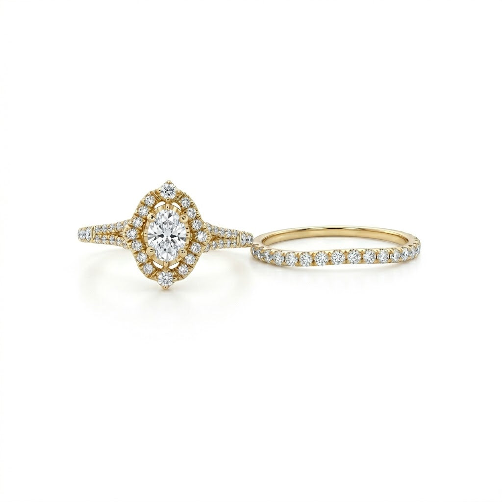 14K Yellow Gold Round Diamond Halo Wedding Set